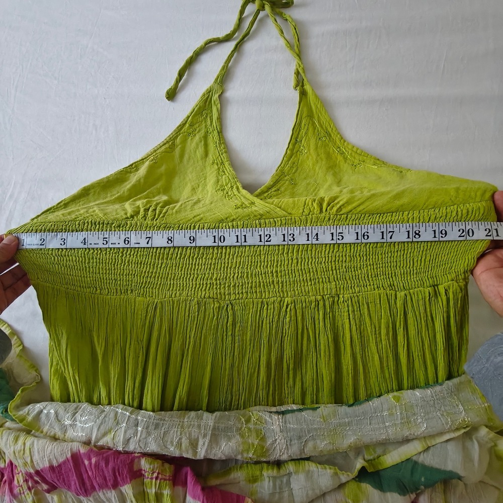 Lime Green Cotton Tie Dye Maxi Dress Boho Halter Smocked Waist One Size Colorful - Picture 5 of 8
